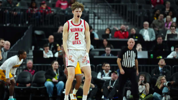 Mar 13, 2024; Las Vegas, NV, USA; Utah Utes guard Cole Bajema (2) celebrates against the Arizona State Sun Devils in the first half at T-Mobile Arena. Mandatory Credit: Kirby Lee-USA TODAY Sports